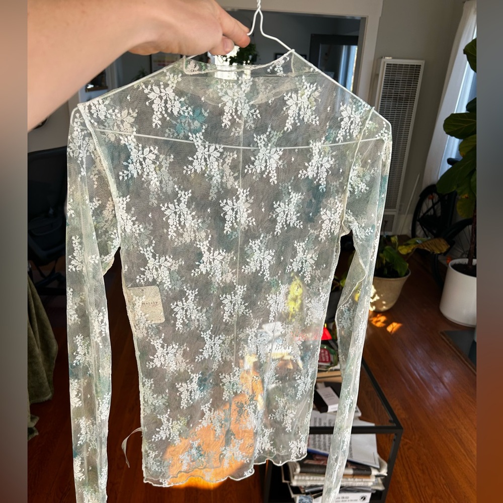 Free people sheer layering top XS white green lace floral